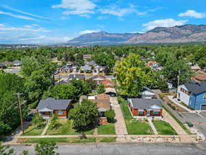 Aerial view of residential area with a mountain backdrop