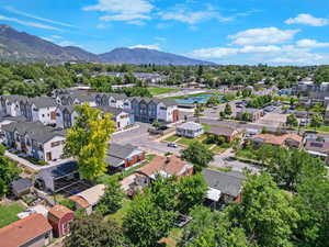 Aerial perspective of suburban area with mountains
