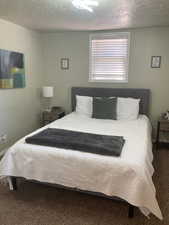 Carpeted bedroom with a textured ceiling