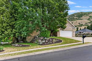 Obstructed view of property featuring driveway, brick siding, a front lawn, and a mountain view