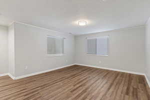 Spare room featuring wood finished floors and a textured ceiling