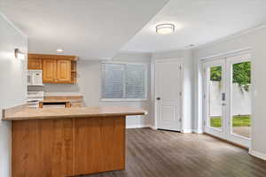 Kitchen featuring white appliances, dark wood-type flooring, a peninsula, light countertops, and french doors