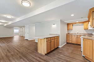 Kitchen featuring white appliances, a peninsula, dark wood-style flooring, open floor plan, and light countertops