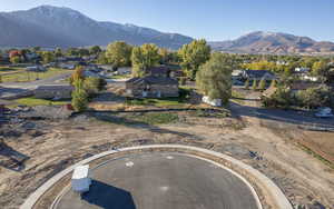 Aerial perspective of suburban area featuring a mountain backdrop