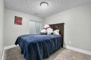 Bedroom featuring carpet and a textured ceiling