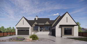 View of front of property featuring stone siding, a chimney, and driveway