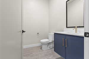 Half bath featuring vanity and toilet