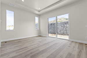 Spare room with light wood-style floors, a tray ceiling, and recessed lighting