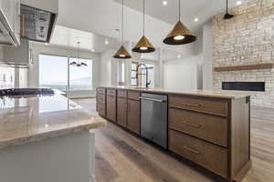 Kitchen featuring appliances with stainless steel finishes, light wood-style flooring, a fireplace, light stone countertops, and a large island