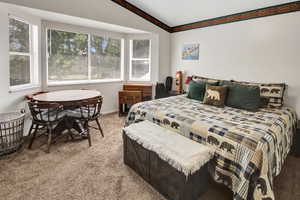 Bedroom featuring light carpet