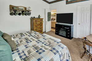 Bedroom featuring carpet floors and ensuite bath