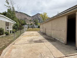 View of patio featuring a mountain view