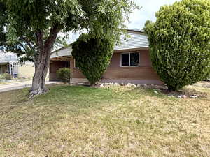 Obstructed view of property with brick siding and a front yard
