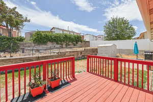 Deck featuring a storage shed and a fenced backyard