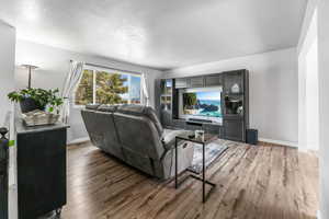 Living area featuring wood finished floors and a textured ceiling