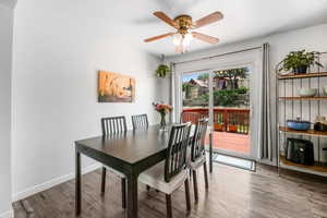 Dining room featuring wood finished floors and ceiling fan