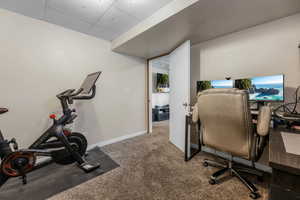 Home office with carpet and a paneled ceiling