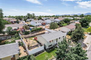 Aerial view of residential area with mountains
