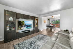 Living room featuring wood finished floors and ceiling fan