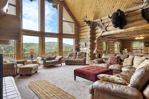 Forest and mountain views from living area with high vaulted ceiling, rustic walls, a mountain view, healthy amount of natural light, and wooden ceiling
