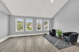 Living area featuring vaulted ceiling and wood finished floors