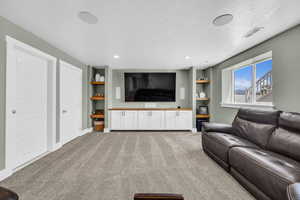 Basement living room area with custom built-in cabinets and shelving