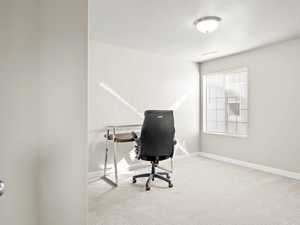 Home office with carpet floors and a textured ceiling