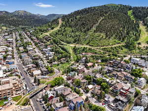 Aerial perspective of suburban area with a forest and mountains