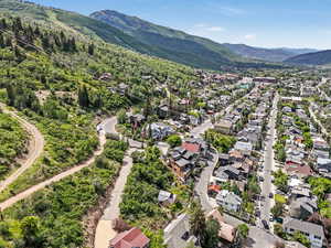 Aerial view of residential area with a mountain backdrop
