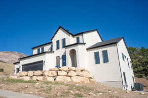 View of front of home featuring stucco siding and an attached garage