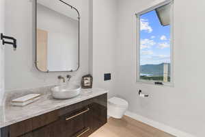 Bathroom featuring wood finished floors, vanity, and a mountain view