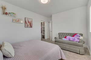 Bedroom featuring carpet and a walk in closet