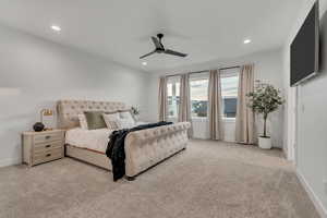 Bedroom with carpet, recessed lighting, and ceiling fan