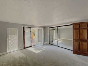 Unfurnished bedroom with access to exterior, light colored carpet, a textured ceiling, and a closet