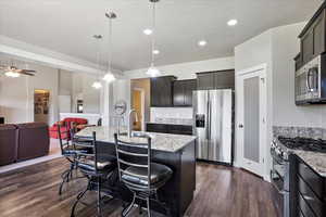 Kitchen with stainless steel appliances, open floor plan, dark wood-style flooring, light stone counters, and recessed lighting