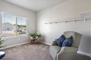 Living area featuring carpet and baseboards