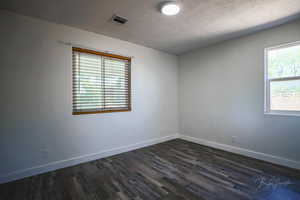 Unfurnished room with dark wood-style floors and a textured ceiling