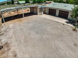 Garage featuring a mountain view