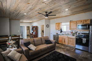 Living room with wooden ceiling, concrete floors, a ceiling fan, and recessed lighting