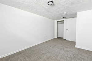 Unfurnished bedroom featuring carpet floors, a textured ceiling, and a closet