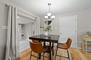 Dining area featuring a chandelier and light wood-style floors