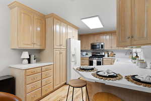 Kitchen with appliances with stainless steel finishes, light brown cabinetry, light countertops, a kitchen bar, and a peninsula