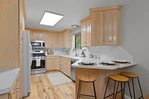 Kitchen with appliances with stainless steel finishes, light brown cabinets, a peninsula, light wood finished floors, and a breakfast bar
