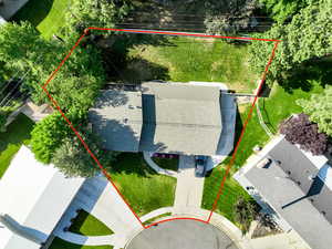 Aerial overview of property's location featuring property boundaries highlighted