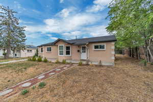 View of front of home featuring stucco siding and a shingled roof