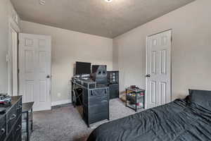 Bedroom with carpet floors, a textured ceiling, and a desk