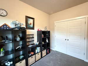 Home office with carpet and a textured ceiling