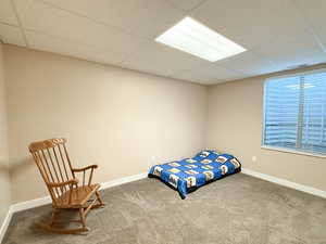 Carpeted bedroom with a paneled ceiling