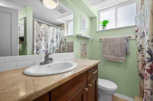 Bathroom featuring vanity and a shower with shower curtain