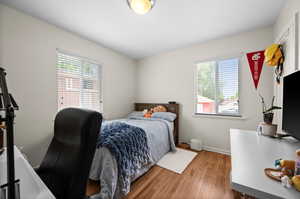 Bedroom with multiple windows and wood finished floors